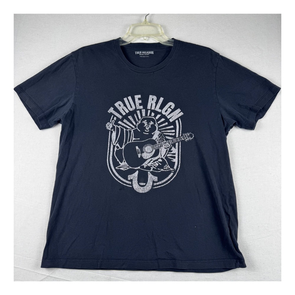 True Religion Mens Buddha Guitar Graphic T-Shirt Black Large Cotton Short Sleeve